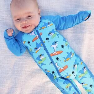 Caden Lane Long Sleeve Rash Guard Full Length in Blue “Surfin Sharks” 0-3mos NWT